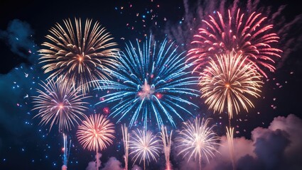 Fototapeta premium Festive fireworks illuminating the night for holiday celebrations. Countdown party environment. Lively fireworks for anniversary and New Year's festivities.