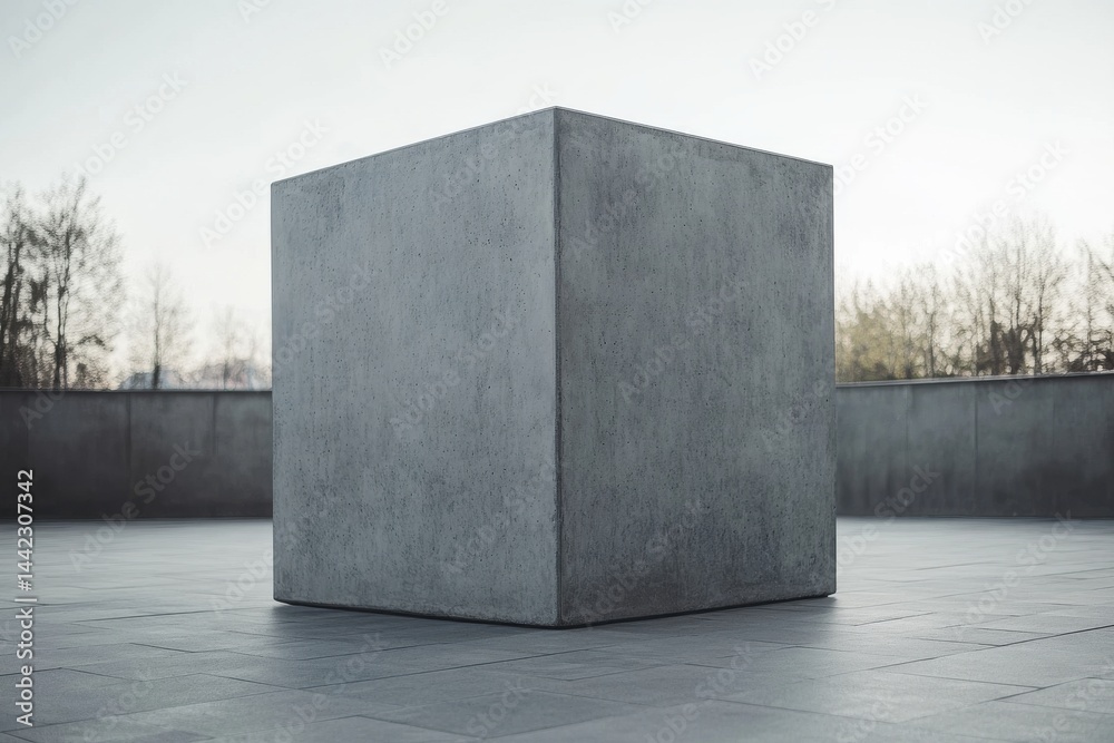 Poster modern art piece of concrete cube against muted backdrop, embodies minimalism and geometric form, ca