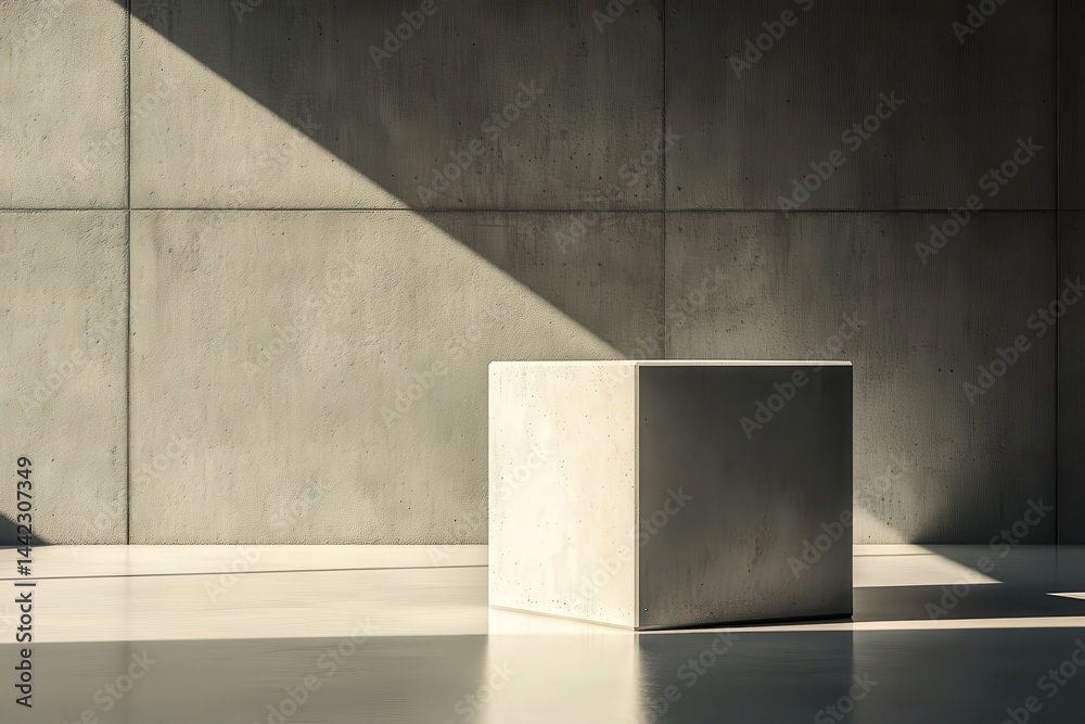 Poster modern minimalist composition: concrete cube bathed in sunlight against a textured concrete wall, ev