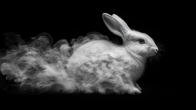 Ethereal White Rabbit Emerging from Smoke on Black Background white rabbit bunny smoke ethereal fur