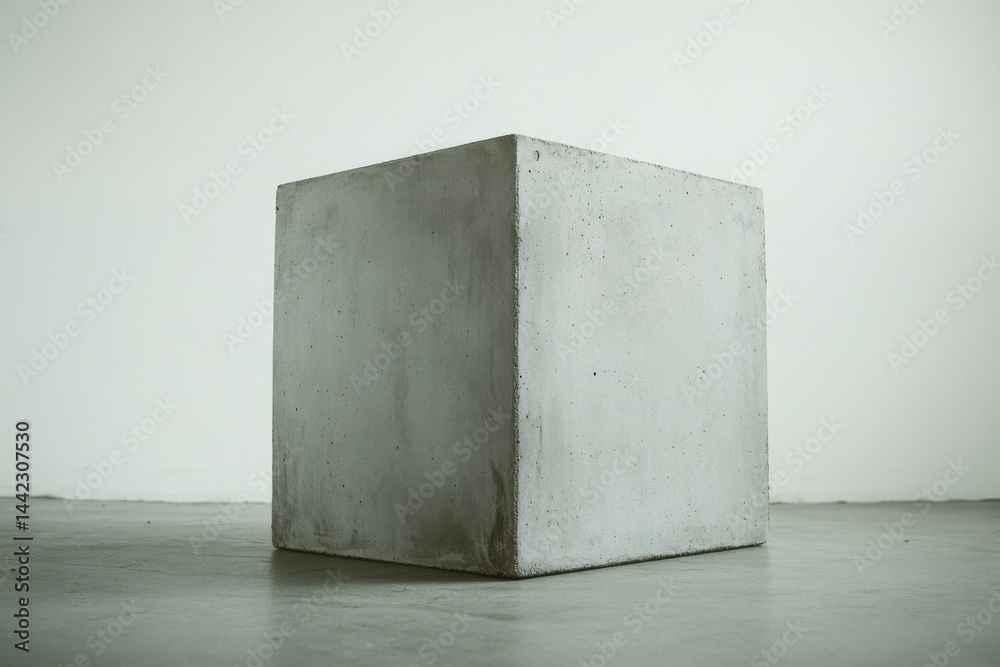 Aufkleber A sturdy cement cube rests on a floor, creating a minimalist still life. The block's geometric form is emphasized by clean lighting.