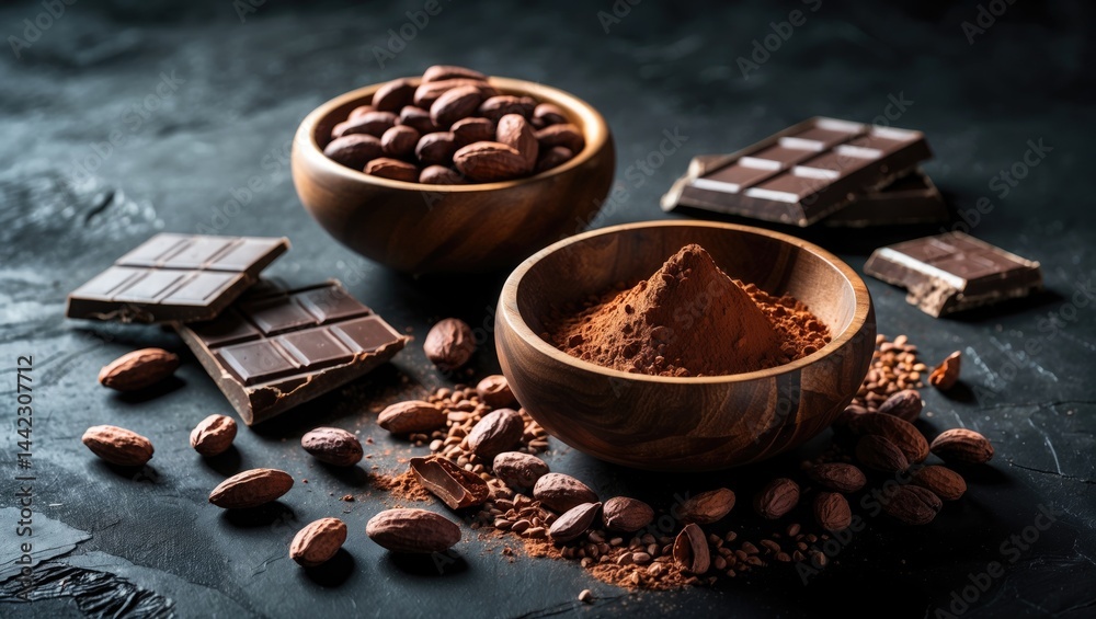 Poster Cacao and Chocolate Idea. Cocoa Powder in Bowl Alongside Cocoa Beans and Pieces of Chocolate in the Background from Above with Empty Space