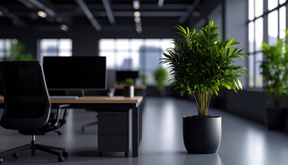 Modern office plant burnout management concept with green potted plant near desk and chair in workspace with natural light