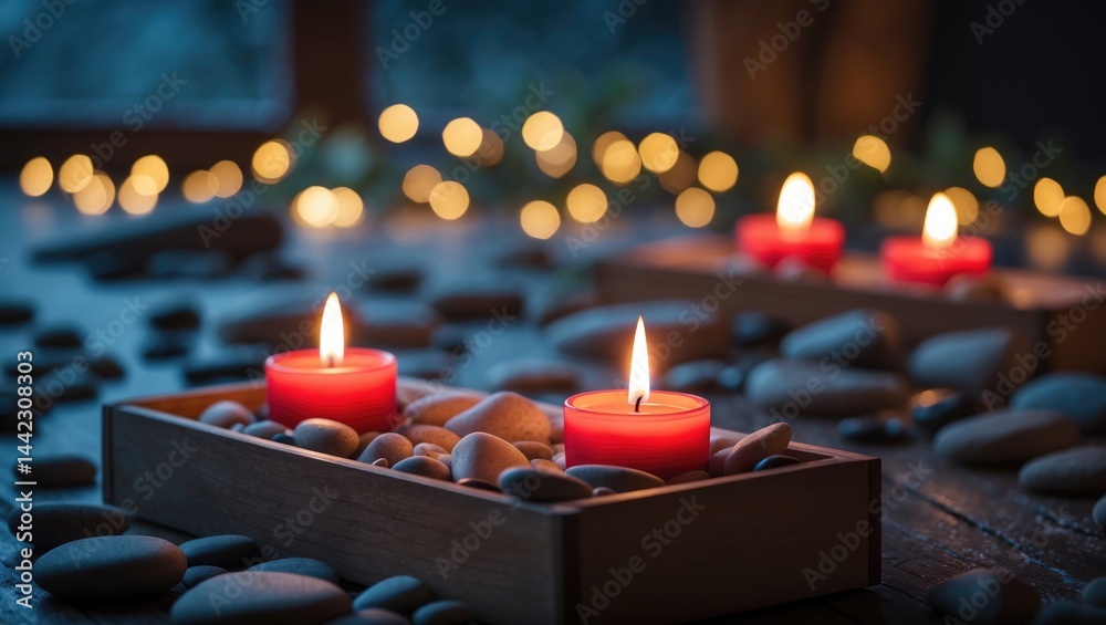Poster table with burning candles releasing aroma, featuring stunning candlelight and a softly blurred back