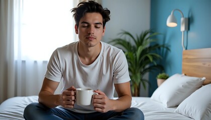 Young man meditating with coffee mug in bedroom - peaceful morning ritual