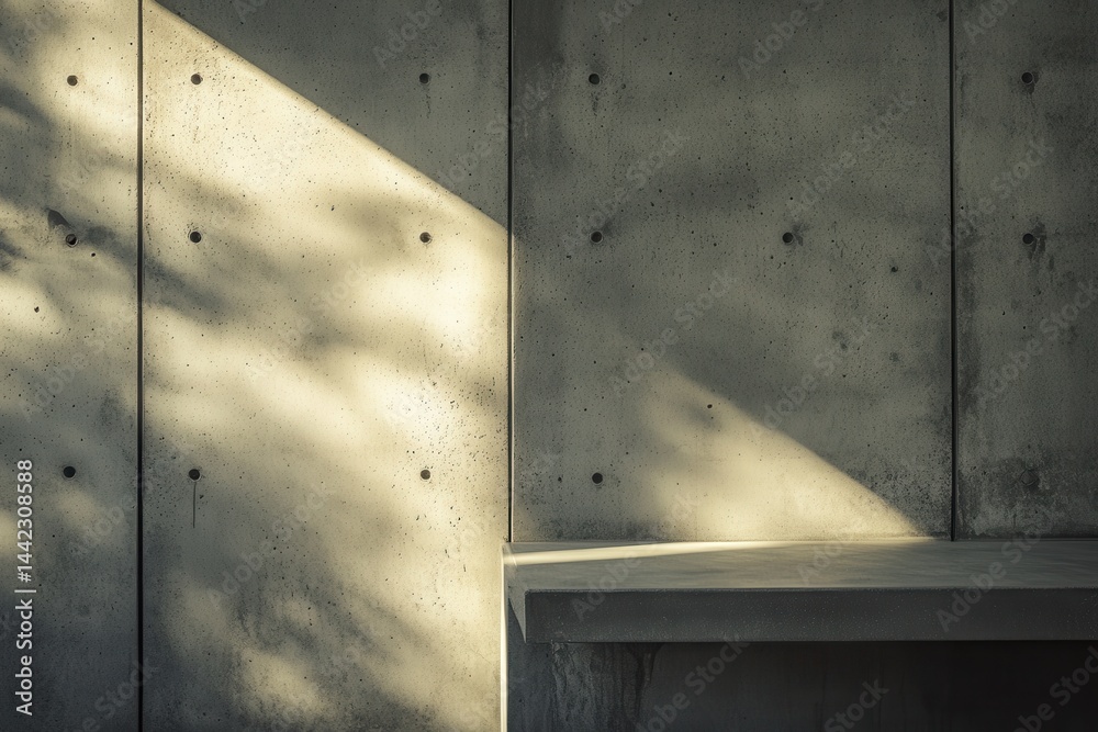 Aufkleber Concrete wall illuminated by dappled light, creating an abstract pattern with contrasting shadows and textures in an architectural design.