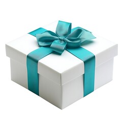 Square white gift box with a teal ribbon and bow isolated on white