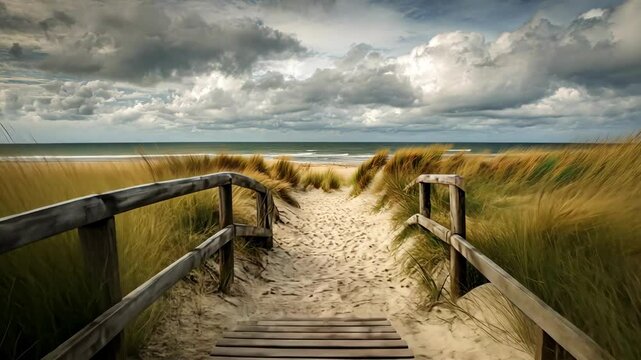 Wooden path leads to the beach through dunes. Cloudy skies overhead.