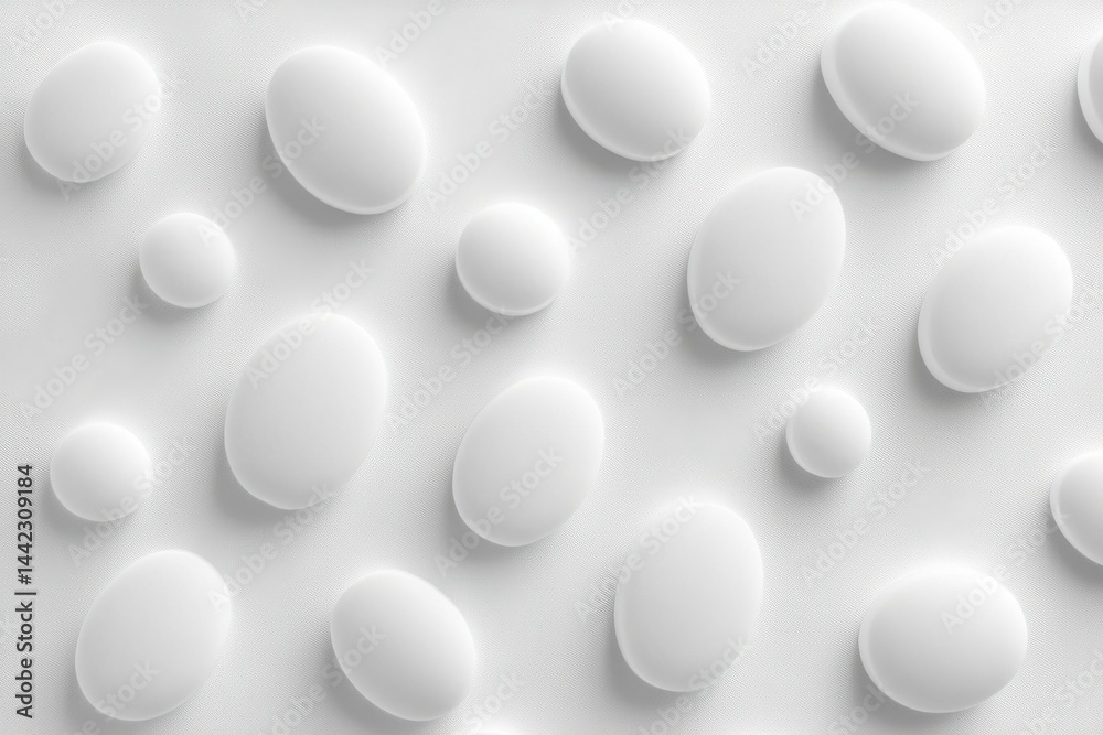 Poster monochrome minimalism showcases a collection of matte white, three-dimensional ovals and circles, ex