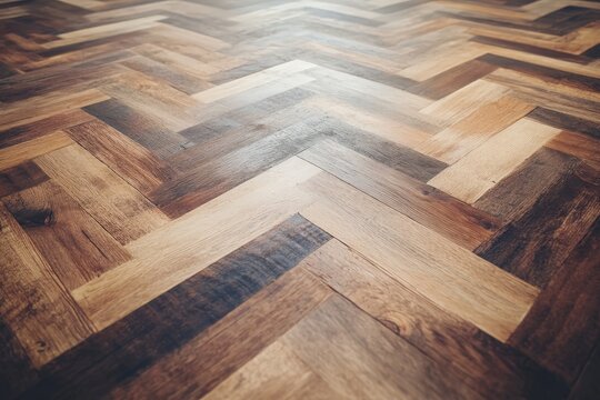 Detailed view of a herringbone wooden floor pattern.