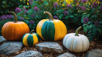 Four lively pumpkins beautifying a garden.