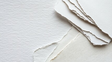 Torn papers arranged in stack, showing textures, deckle edges, layering, fragility.
