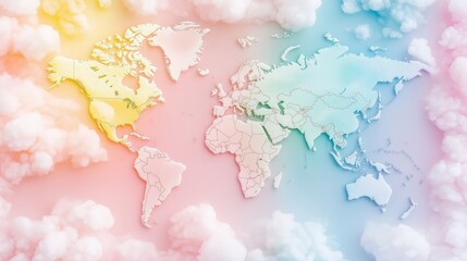 Obraz premium Watercolor style, world map, colorful, Asia-centered map. World map in watercolor style. Earth globe in watercolor style. Colorful world map consisting of triangles. Rainbow watercolor splatter world