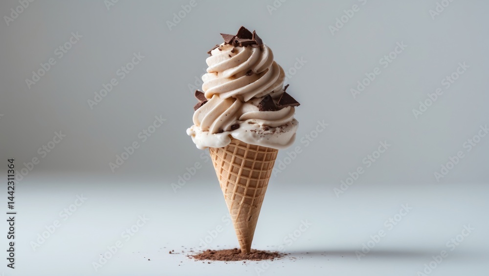 Poster Chocolate chip ice cream served in a waffle cone, isolated on a white surface.