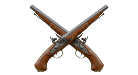Isolated Crossed Antique Flintlock Pistols Representing Historical Weapons