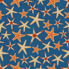 Hand-Drawn Seamless Beach Pattern with Colorful Starfish on Deep Blue