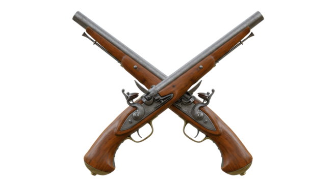 Isolated Crossed Antique Flintlock Pistols Representing Historical Weapons