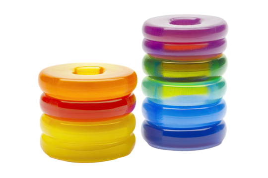 Colorful stacking rings  A set of vibrant, stacked circular rings in various colors  Playful and engaging for children