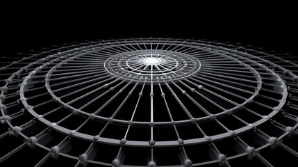 Futuristic metallic circular grid structure with glowing center, high-tech design, and geometric pattern in dark background