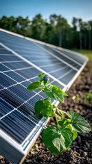 Solar panels with a small plant growing between them