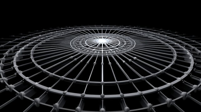 Futuristic metallic circular grid structure with glowing center, high-tech design, and geometric pattern in dark background