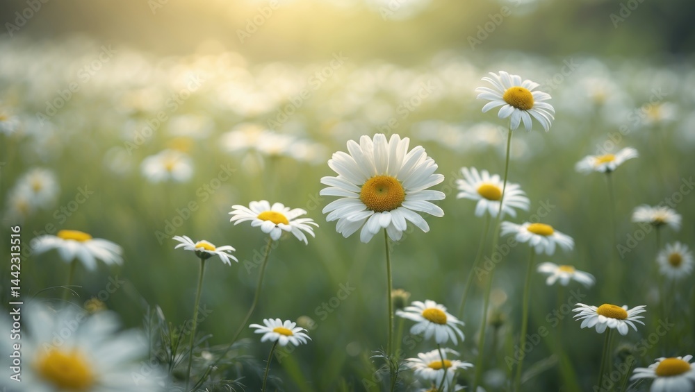 Poster chamomile flowers moving with the wind. lovely daisies in a vast field. detailed view.