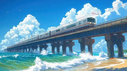 A high-speed train rushing along a railway line suspended over a vast ocean, with waves crashing against the supports below and a clear sky above.