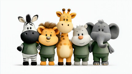 Whimsical Safari Squad: A delightful group of adorable animal characters, zebra, lion, giraffe, hippo, and elephant, stand together, forming a heartwarming image of unity and friendship.