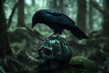 Fototapeta premium Mysterious raven perched on a skull in a dark forest.