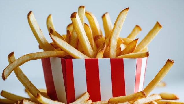 French fries potatoes served in a striped box
