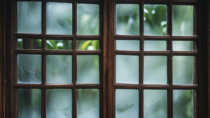 Vintage-style brown wooden windows with reflective glass panels