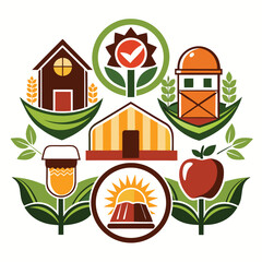 Vibrant Farm Scene with Barns, Flowers, and Produce