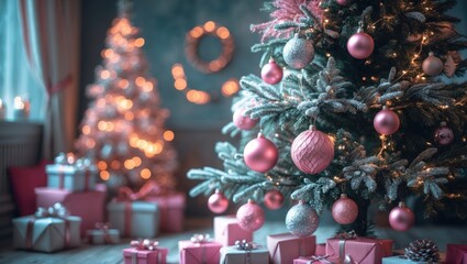 Decorative tree against a vintage backdrop, with diverse decorations and a defocused appearance