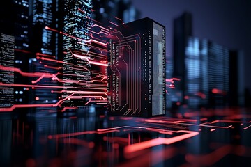 Futuristic server in a cityscape, glowing with digital code