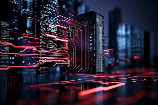 Futuristic server in a cityscape, glowing with digital code