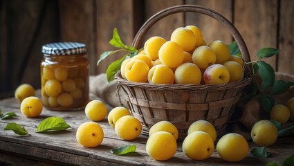 Just harvested yellow plums arranged in a classic fruit basket on a wooden tabletop