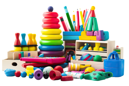 Colorful assortment of toys and learning supplies  Wooden boxes, stacking rings,  pens,  and balls