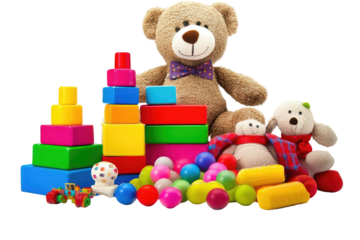 Colorful toys for kids, including teddy bear, blocks, and balls