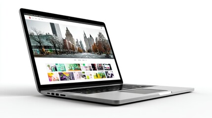 a modern laptop with an open screen showing a website design on a white isolated background, professional and tech-savvy look