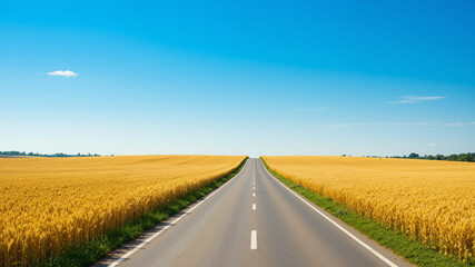 The image shows a road winding through a wheat field