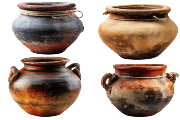 Four Rustic Clay Pots With Rope Detail On Transparent Backgrounds