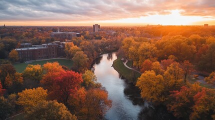 Obraz premium Autumnal cityscape view with a winding river and vibrant fall foliage. A picturesque aerial view of a city park with a serene river flowing through, showcasing the beautiful colors of autumn