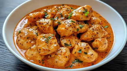 Chicken in creamy curry sauce with coconut essence and fresh spice topping