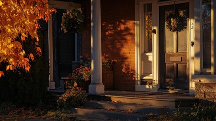 An old brick house facade at golden autumn time