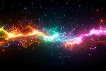 Fototapeta premium Waves of light undulating through space, blending crimson and neon green into liquid-like pulses against a deep starry sky, creating a mesmerizing cosmic display of vibrant energy