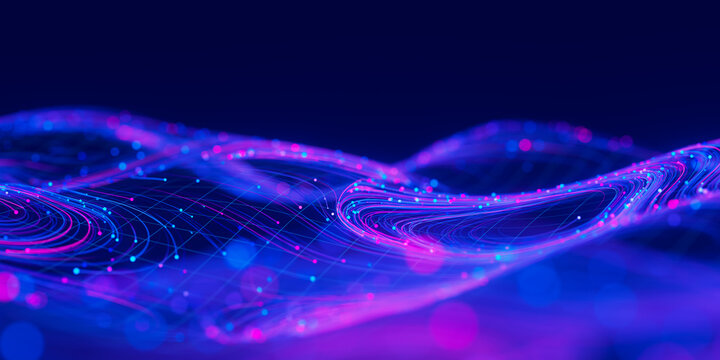 Closeup of Big data swirl patterns in futuristic cyberspace. Whirl flow of data in quantum digital network. Neon qubit stream with DOF.