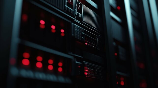 Server displays blinking red lights, showcasing network infrastructure, processing data, storing information. - Powered by Adobe