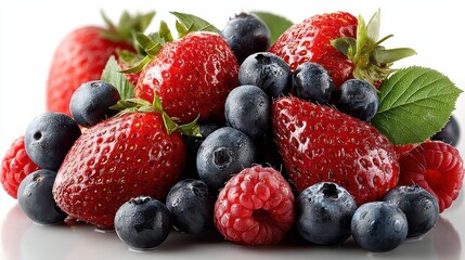 a pile of fresh berries including strawberries, blueberries, and raspberries on a white isolated background, vibrant and healthy look