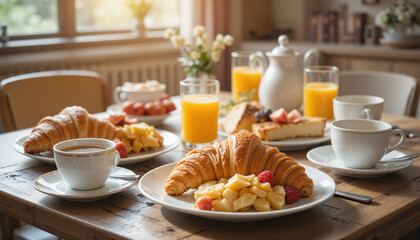 The image shows a table with plates of food and cups of coffee on it