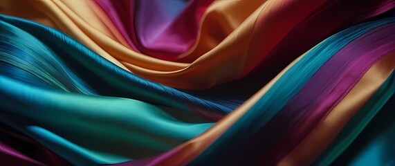 Obraz premium Abstract close up of shimmering silk fabrics folding into colorful waves